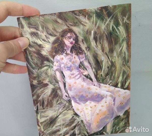 Картина маслом девушка в поле, этюд маслом