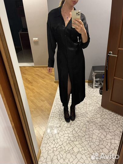 Платье-рубашка черное zara длинное S-M