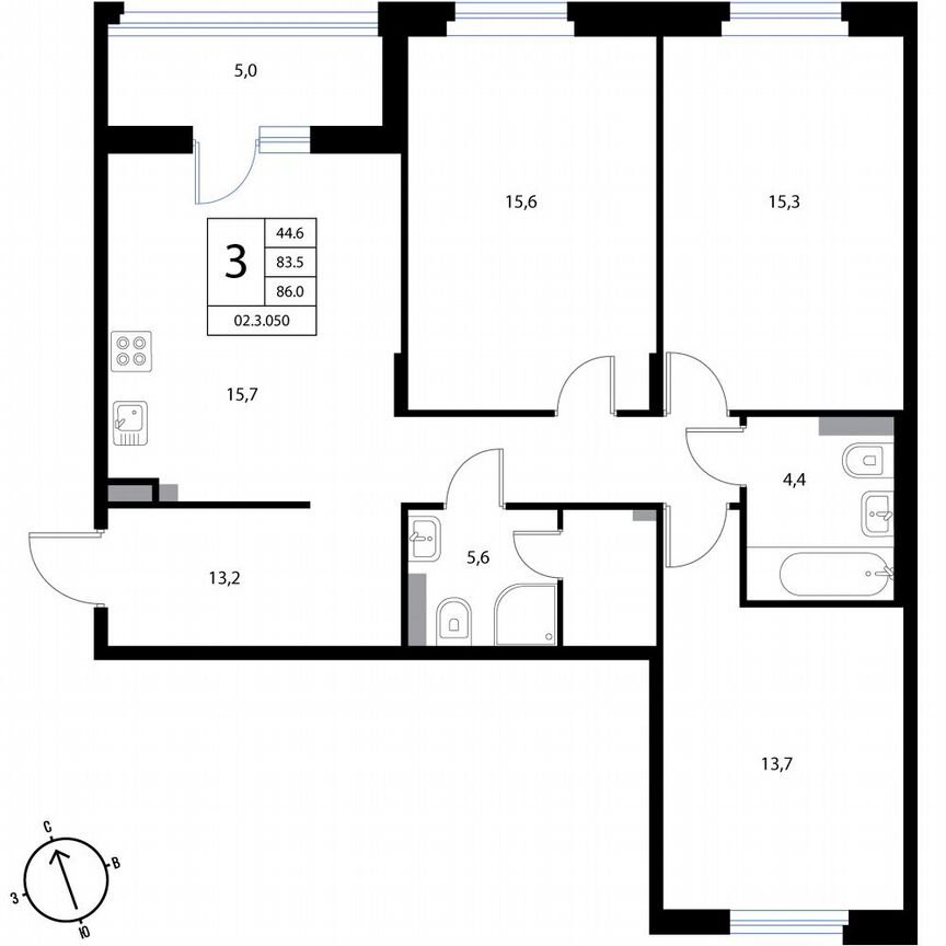 3-к. квартира, 86 м², 2/3 эт.
