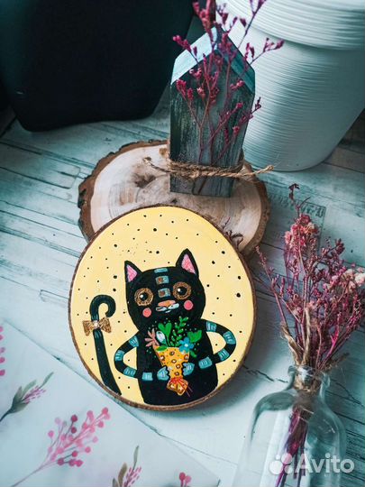 Картина на спиле дерева тёплый кот