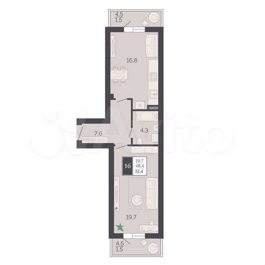 1-к. квартира, 51,4 м², 7/8 эт.