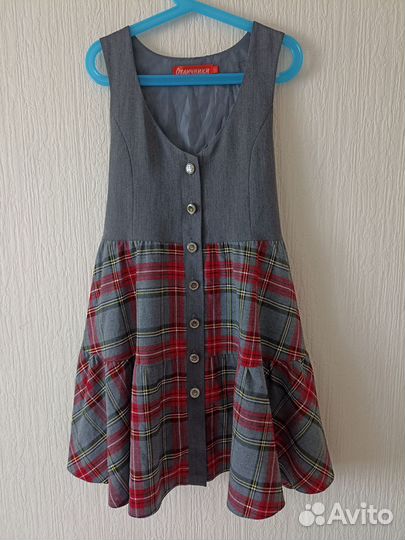 Сарафан школьный Отличники 134 см (серый+клетка)