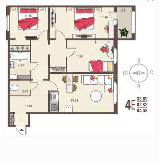 4-к. квартира, 84,6 м², 2/17 эт.