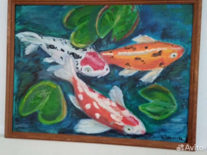 Картина с рыбами, холст на картоне, масло