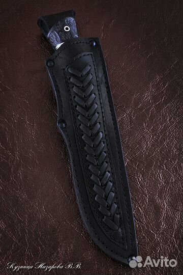 Нож дамаск торцевой с воронением черный граб резно