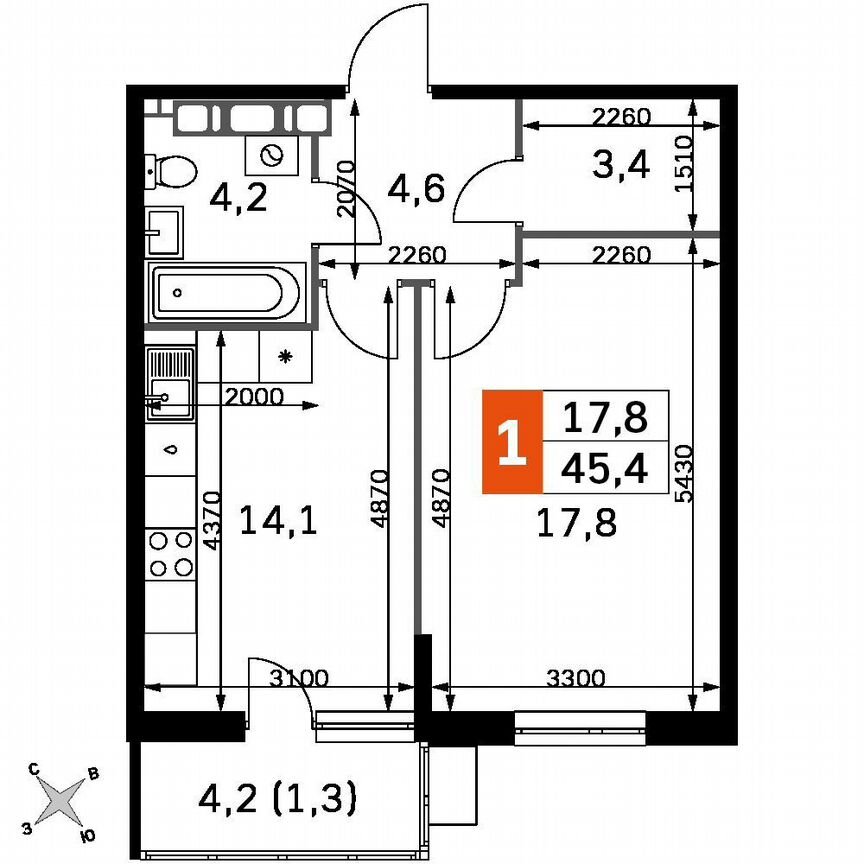 1-к. квартира, 44,1 м², 17/22 эт.