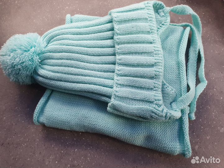 Комплект детский шапка и снуд бирюзовый, новый