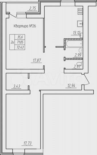 2-к. квартира, 72,4 м², 5/5 эт.