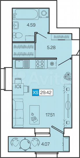 Квартира-студия, 29,4 м², 8/9 эт.