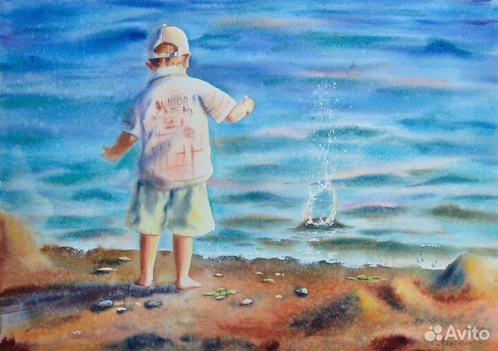 Картина Счастье в Брызгах море и ребенок акварелью