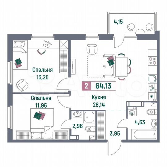 2-к. квартира, 64,1 м², 4/16 эт.