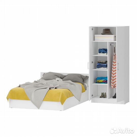 Кровать белая двуспальная 1400 со шкафом для одежды 2-х створчатым Стандарт, цвет белый, спальное ме