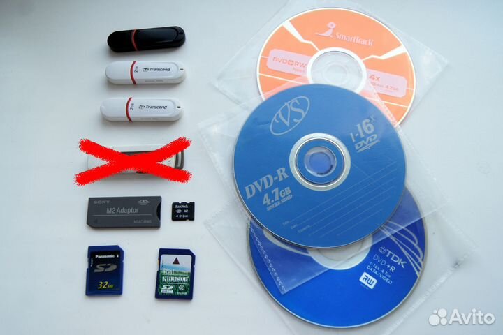 Карты памяти SD, M2, флешки; диски, болванки, DVD
