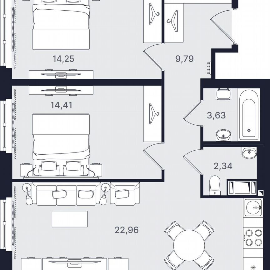 3-к. апартаменты, 61,4 м², 22/24 эт.