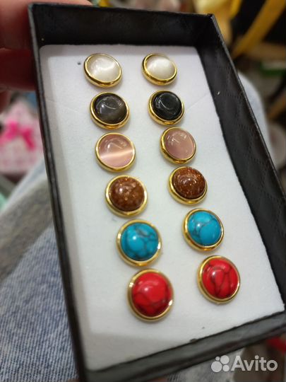 Серьги гвоздики, натуральные камни, медицин сталь