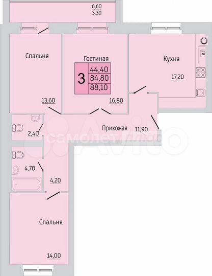 3-к. квартира, 88,1 м², 1/9 эт.