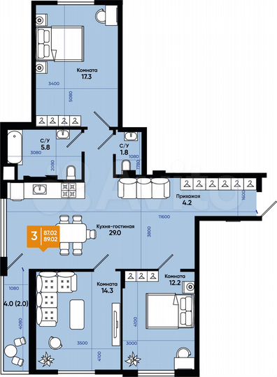 3-к. квартира, 88,9 м², 9/9 эт.