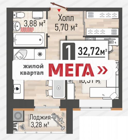1-к. квартира, 32,7 м², 2/10 эт.
