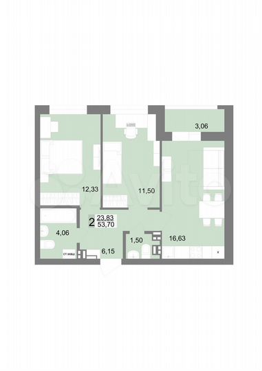 2-к. квартира, 53,7 м², 9/16 эт.