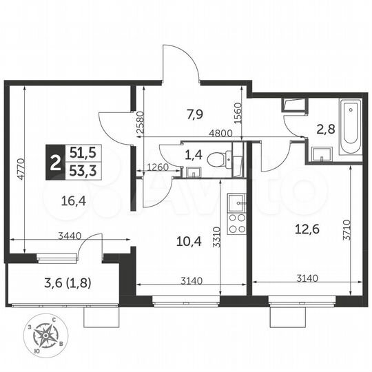 2-к. квартира, 52,8 м², 24/25 эт.