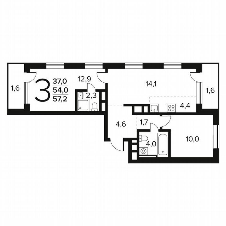3-к. квартира, 57,2 м², 6/7 эт.