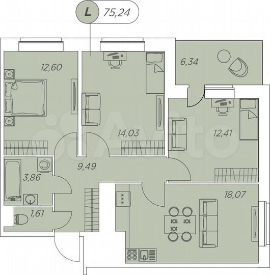 3-к. квартира, 75,2 м², 8/12 эт.