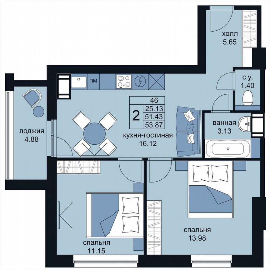 2-к. апартаменты, 53,9 м², 4/15 эт.