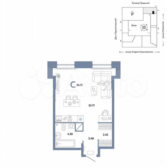 Квартира-студия, 34,1 м², 7/15 эт.