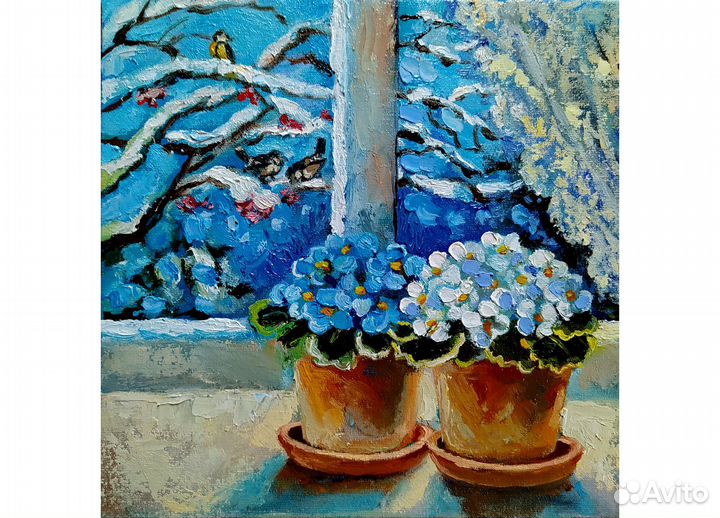 Картина Фиалки на окне масло, холст 20х20 см