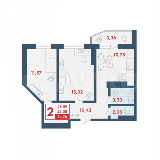 2-к. квартира, 54,8 м², 12/16 эт.