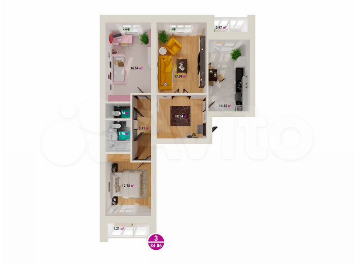 3-к. квартира, 84,9 м², 3/8 эт.