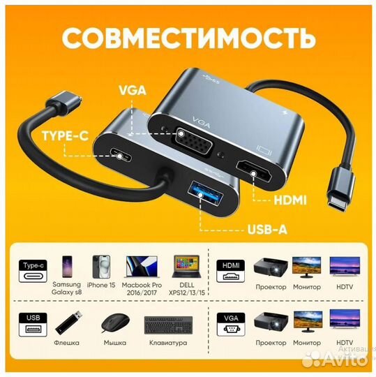 Хаб hoco HB30 Type-C на hdmi VGA USB3.0