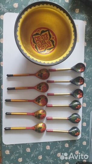 Деревянные ложки и миска СССР расписные