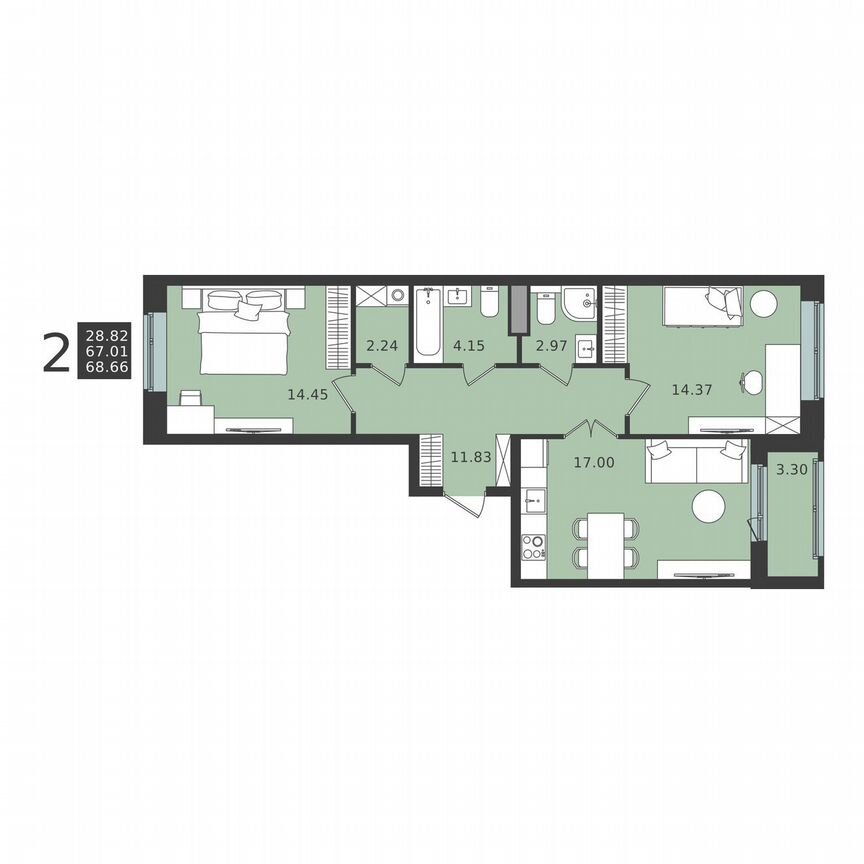 2-к. квартира, 68,7 м², 1/6 эт.