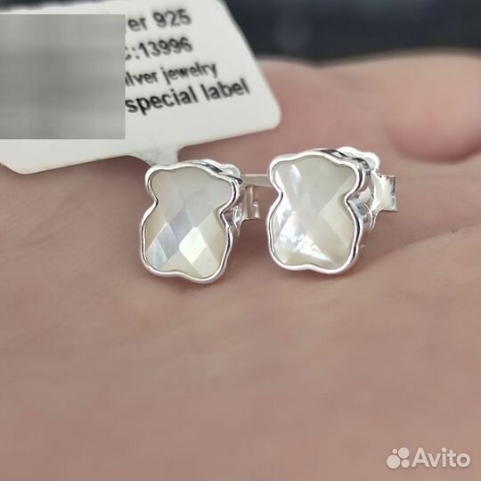 Сережки tous перламутр серебро мишки тоус новые