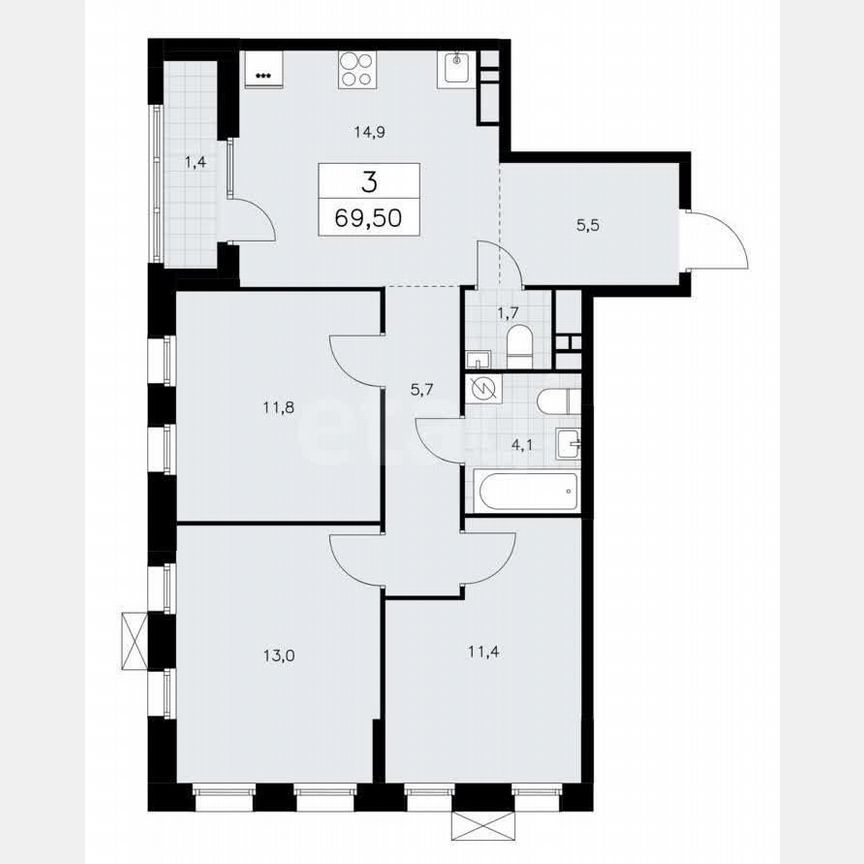 3-к. квартира, 70 м², 9/18 эт.