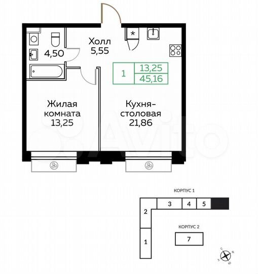 1-к. квартира, 45,2 м², 25/25 эт.