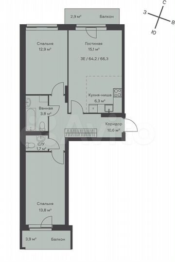 3-к. квартира, 66,3 м², 3/9 эт.