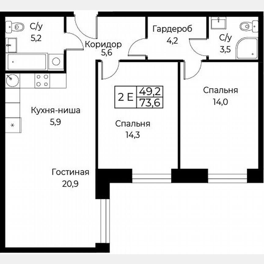 2-к. апартаменты, 73,6 м², 7/30 эт.