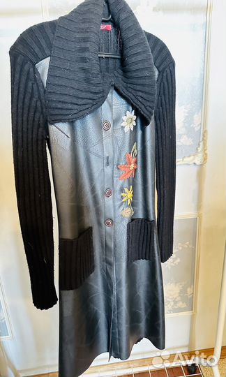 Плащ тренч кожано-текстильный шерсть с вышивкой