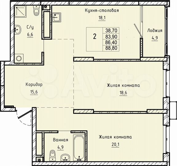 2-к. квартира, 86,4 м², 19/24 эт.