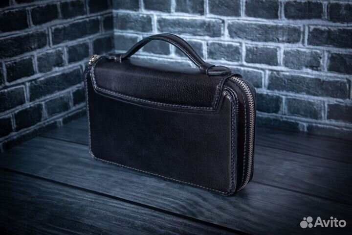 Клатч кожаный на молнии ручная работа черный мужск