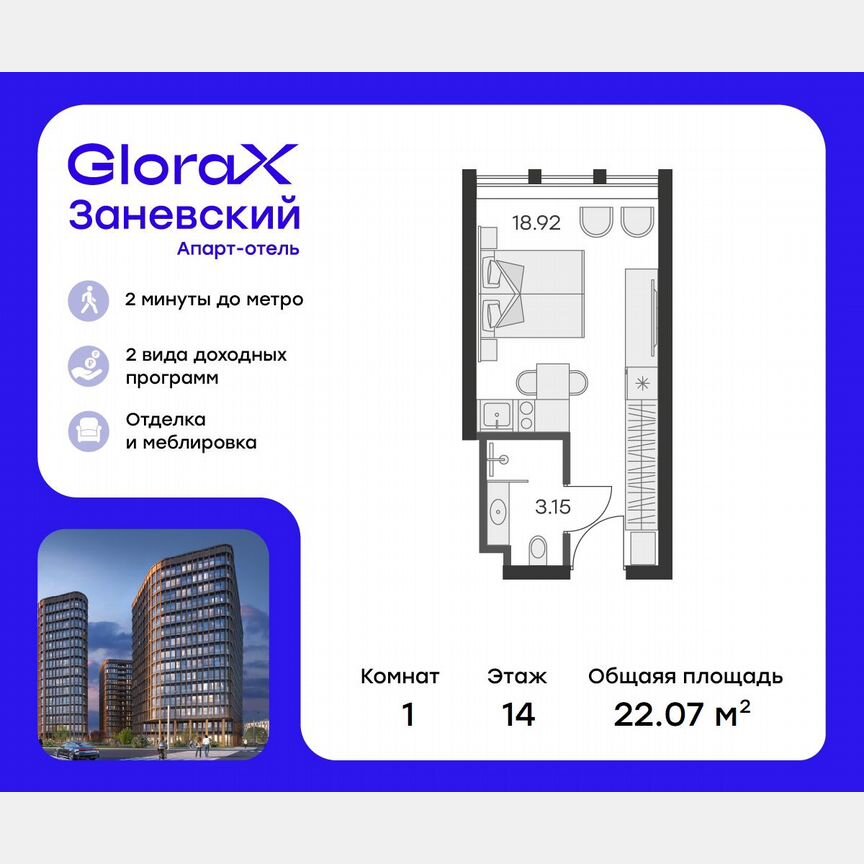 Апартаменты-студия, 21,4 м², 14/15 эт.
