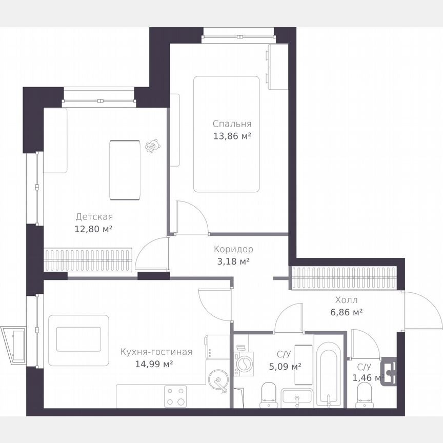 2-к. квартира, 58,2 м², 2/11 эт.