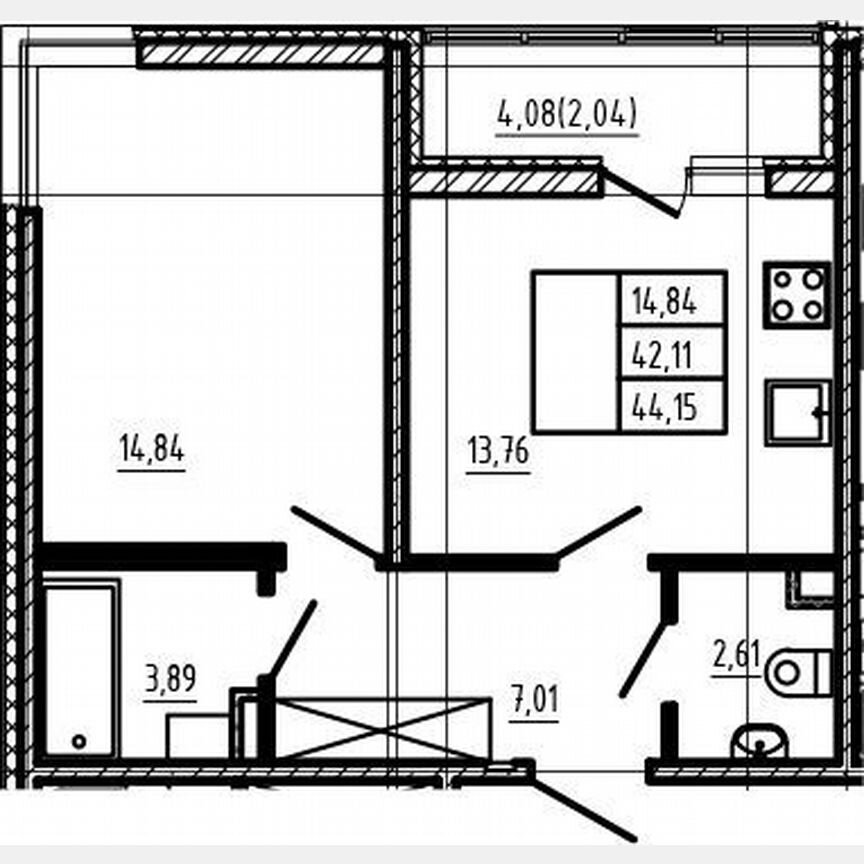 1-к. квартира, 42,1 м², 1/4 эт.