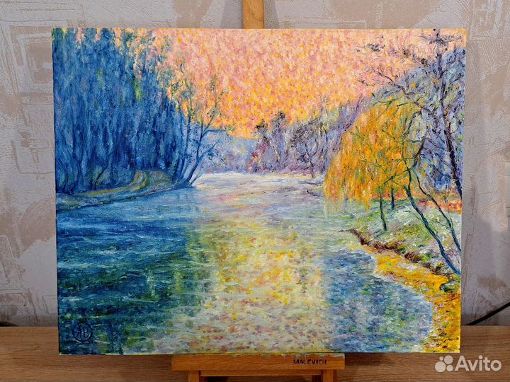 Картина маслом на холсте. Пейзаж с озером