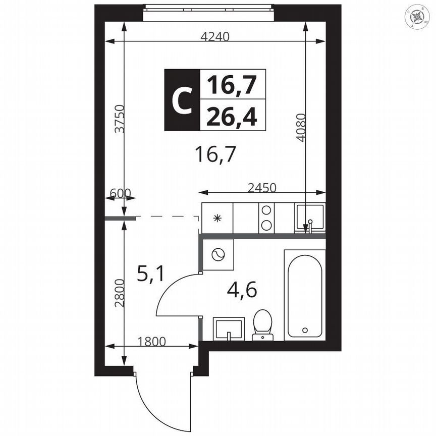 Квартира-студия, 26,4 м², 6/23 эт.