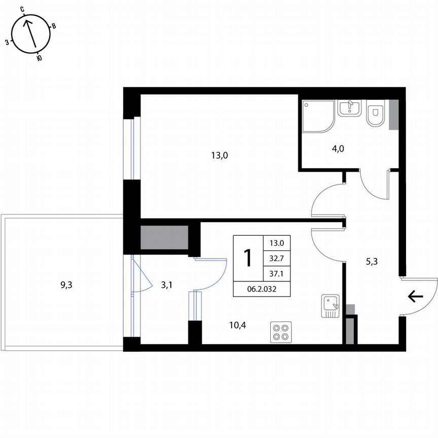1-к. квартира, 37,1 м², 1/3 эт.
