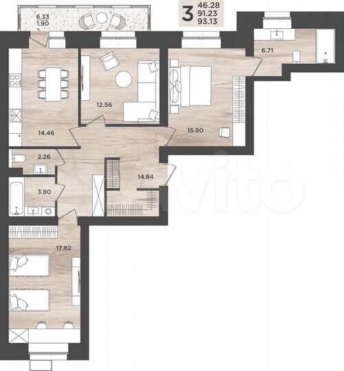 3-к. квартира, 93,1 м², 3/10 эт.