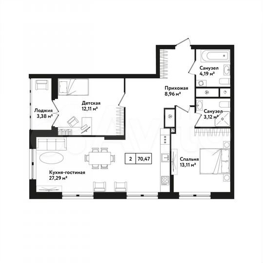 2-к. квартира, 70,5 м², 7/25 эт.